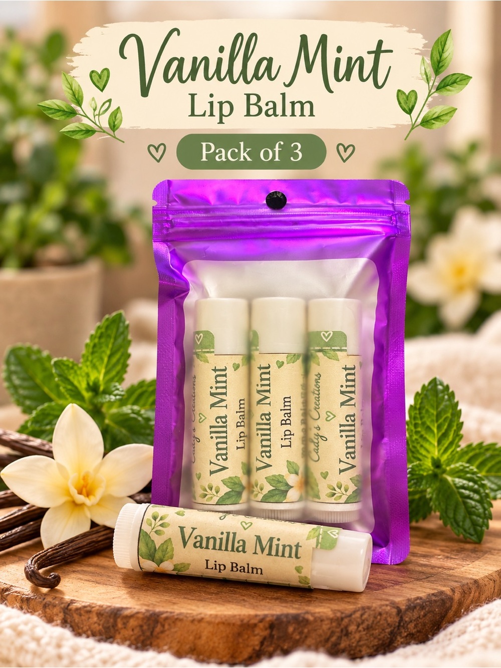 Vanilla Mint Lip Balm 3 Pack Handmade Moisturizing Balm 0.15 oz Each